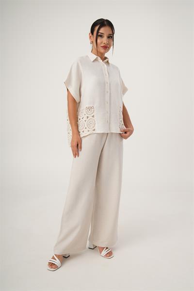 Yan Dantel Güpür Detay Oversize Keten Gömlek