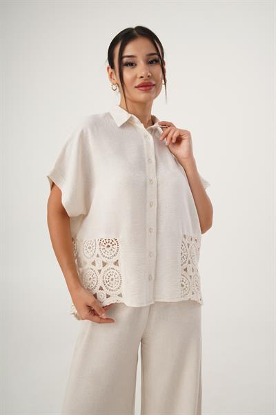 Yan Dantel Güpür Detay Oversize Keten Gömlek