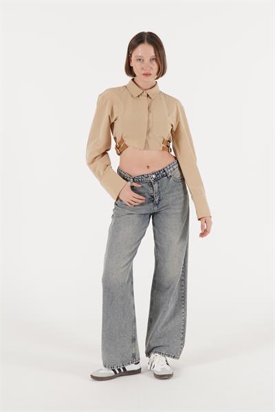 Yan Kemerli Düğmeli Camel Crop Gömlek