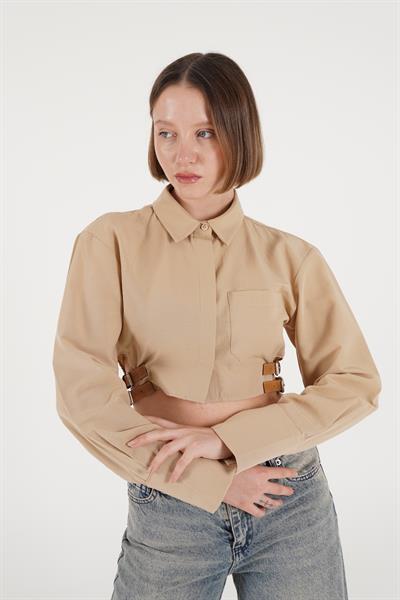 Yan Kemerli Düğmeli Camel Crop Gömlek