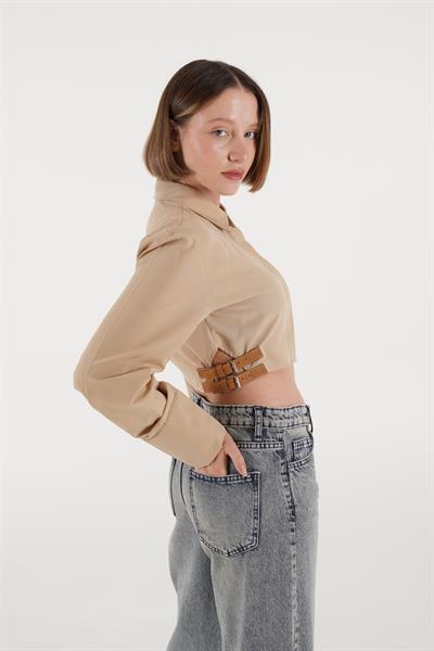 Yan Kemerli Düğmeli Camel Crop Gömlek