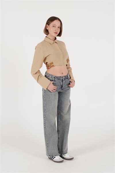 Yan Kemerli Düğmeli Camel Crop Gömlek