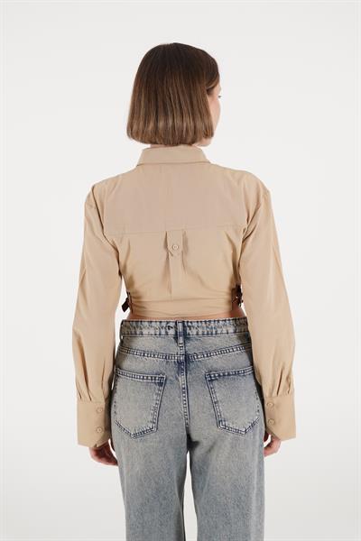 Yan Kemerli Düğmeli Camel Crop Gömlek