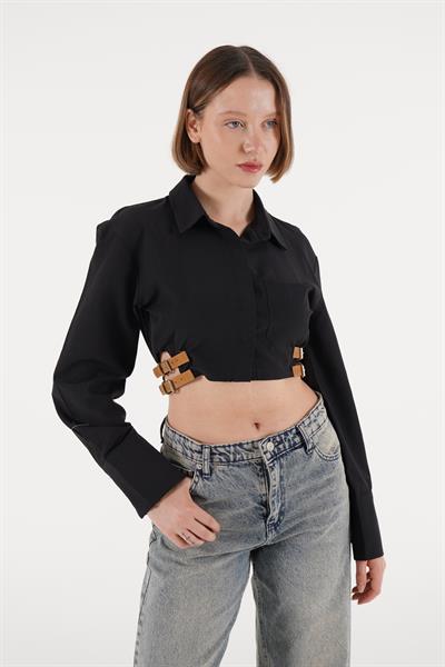 Yan Kemerli Düğmeli Siyah Crop Gömlek