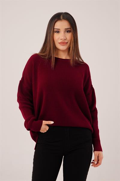 Yan Kısa Yırtmaçlı Selanik Örme Bordo Kazak