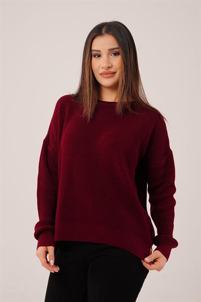 Yan Kısa Yırtmaçlı Selanik Örme Bordo Kazak