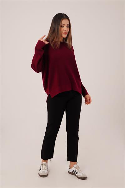 Yan Kısa Yırtmaçlı Selanik Örme Bordo Kazak