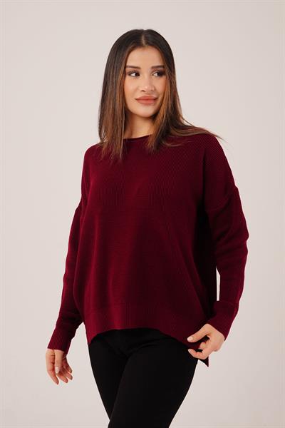 Yan Kısa Yırtmaçlı Selanik Örme Bordo Kazak