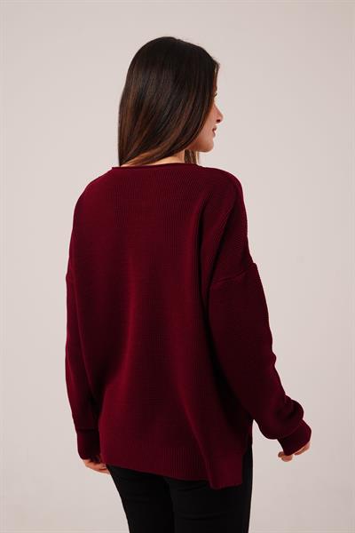 Yan Kısa Yırtmaçlı Selanik Örme Bordo Kazak