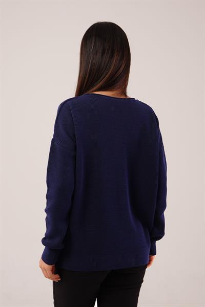 Yan Kısa Yırtmaçlı Selanik Örme Lacivert Kazak