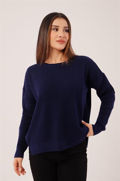 Yan Kısa Yırtmaçlı Selanik Örme Lacivert Kazak