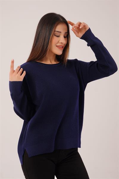 Yan Kısa Yırtmaçlı Selanik Örme Lacivert Kazak