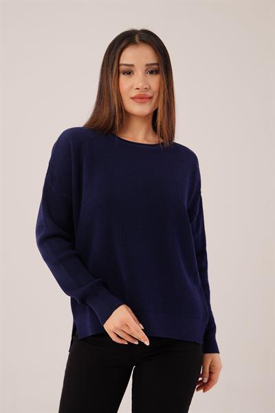 Yan Kısa Yırtmaçlı Selanik Örme Lacivert Kazak