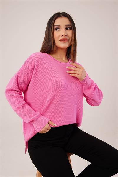 Yan Kısa Yırtmaçlı Selanik Örme Pembe Kazak