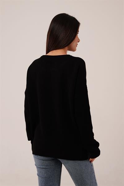 Yan Kısa Yırtmaçlı Selanik Örme Siyah Kazak