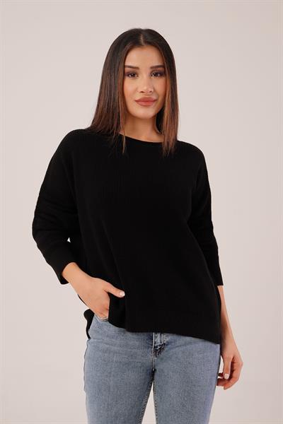 Yan Kısa Yırtmaçlı Selanik Örme Siyah Kazak