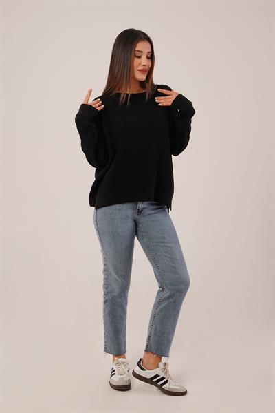 Yan Kısa Yırtmaçlı Selanik Örme Siyah Kazak