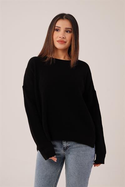 Yan Kısa Yırtmaçlı Selanik Örme Siyah Kazak