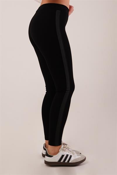 Yan Mat Deri Şeritli Siyah Çelik Örme Tayt