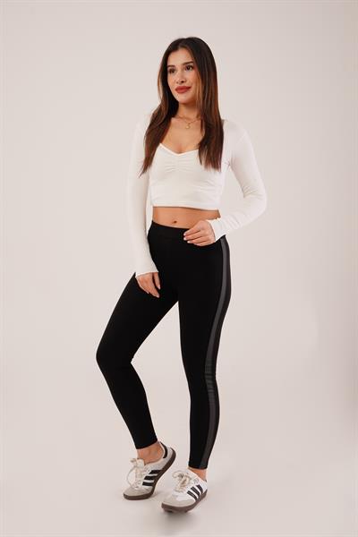 Yan Mat Deri Şeritli Siyah Çelik Örme Tayt