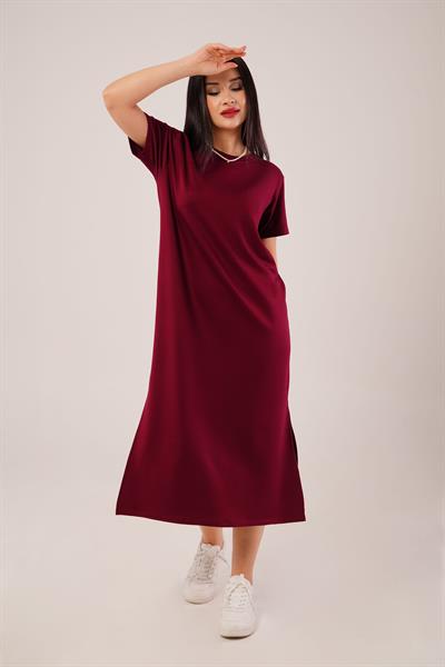 Yan Yırtmaçlı Modal Bordo Elbise