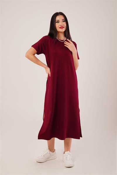 Yan Yırtmaçlı Modal Bordo Elbise