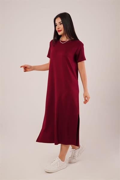 Yan Yırtmaçlı Modal Bordo Elbise