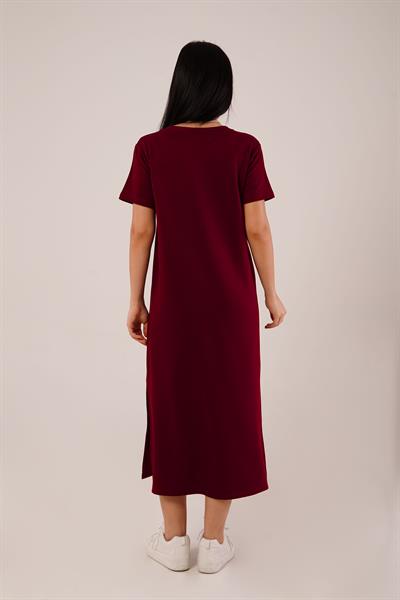 Yan Yırtmaçlı Modal Bordo Elbise