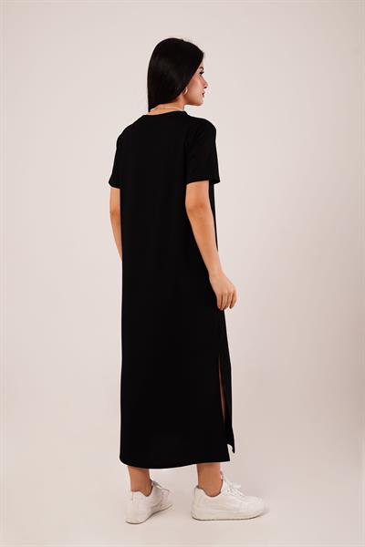 Yan Yırtmaçlı Modal Siyah Elbise