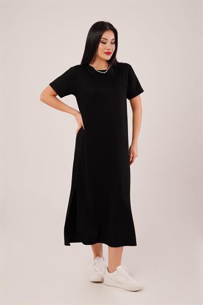 Yan Yırtmaçlı Modal Siyah Elbise