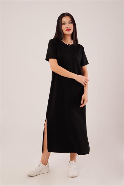 Yan Yırtmaçlı Modal Siyah Elbise