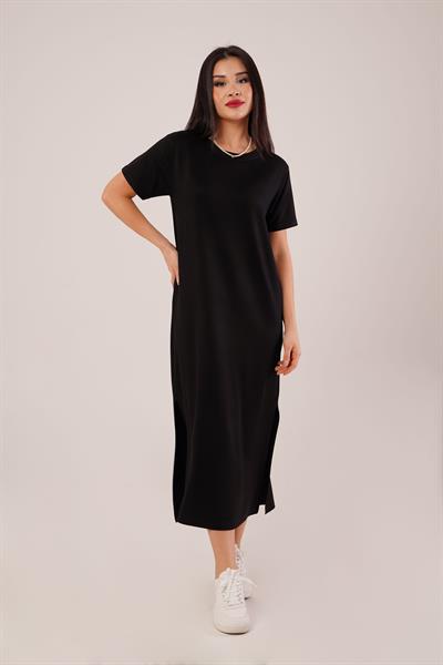 Yan Yırtmaçlı Modal Siyah Elbise