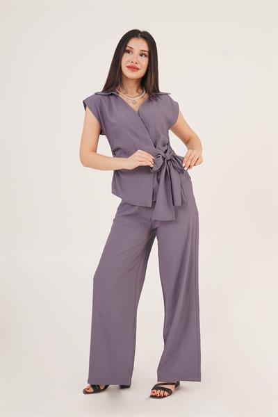 Yandan Bağlamalı Antrasit Bluz Pantolon İkili Takım