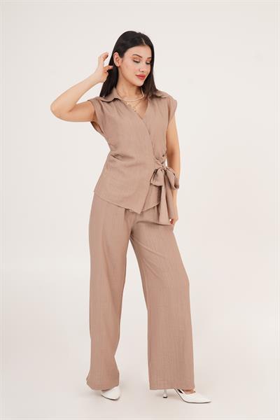Yandan Bağlamalı Camel Bluz Pantolon İkili Takım