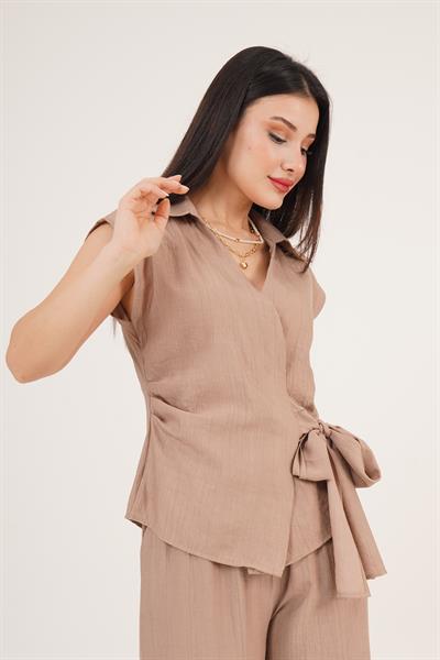 Yandan Bağlamalı Camel Bluz Pantolon İkili Takım