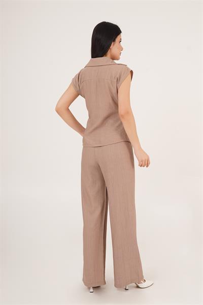 Yandan Bağlamalı Camel Bluz Pantolon İkili Takım