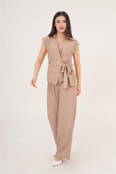 Yandan Bağlamalı Camel Bluz Pantolon İkili Takım