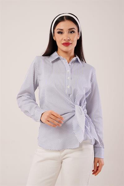 Yandan Bağlamalı Çizgili Mavi Bluz Gömlek