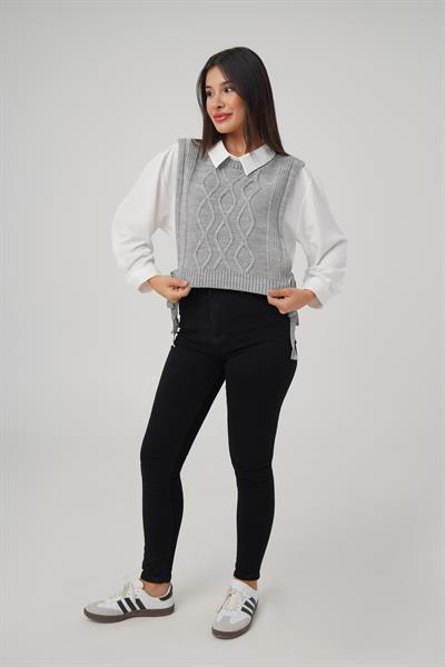 Yandan Bağlamalı Gri Triko Süveter