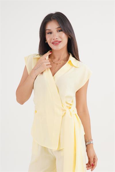 Yandan Bağlamalı Sarı Bluz Pantolon İkili Takım