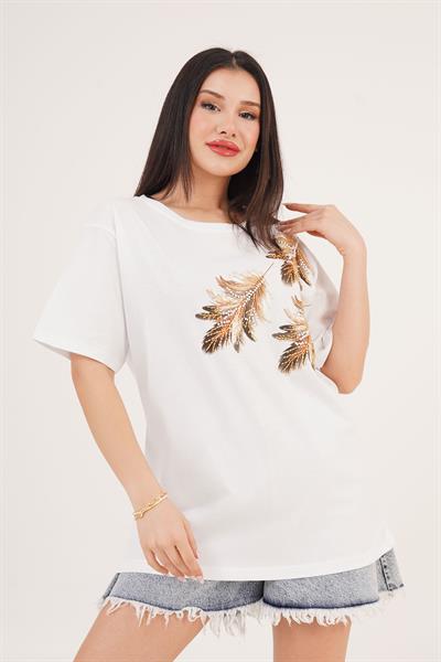 Kuş Tüyü Desenli Taş Detaylı Beyaz Basic Tişört