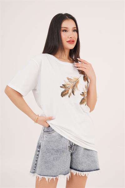 Kuş Tüyü Desenli Taş Detaylı Beyaz Basic Tişört
