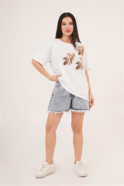 Kuş Tüyü Desenli Taş Detaylı Beyaz Basic Tişört
