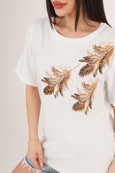 Kuş Tüyü Desenli Taş Detaylı Beyaz Basic Tişört