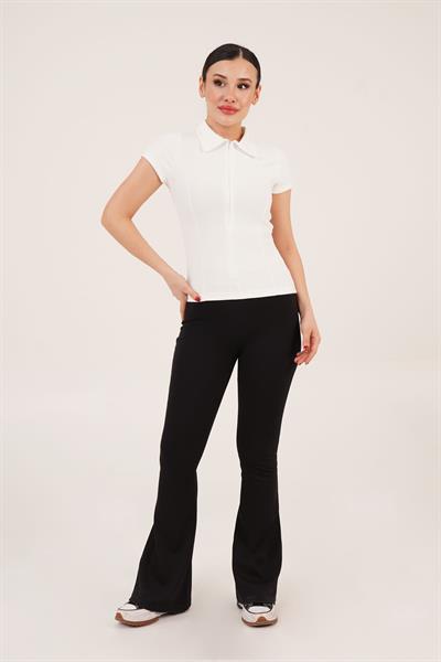 Yarım Fermuarlı Dik Yaka Fitilli Beyaz Tişört