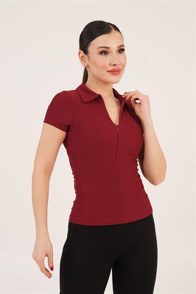 Yarım Fermuarlı Dik Yaka Fitilli Bordo Tişört