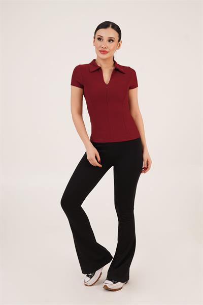 Yarım Fermuarlı Dik Yaka Fitilli Bordo Tişört