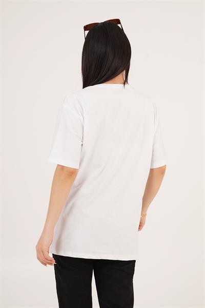 Wonderful Yazı Detaylı ve Taş İşlemeli Beyaz Tişört