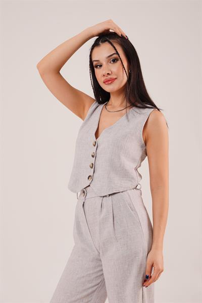 Keten Yelek Pantolon Gri İkili Takım	