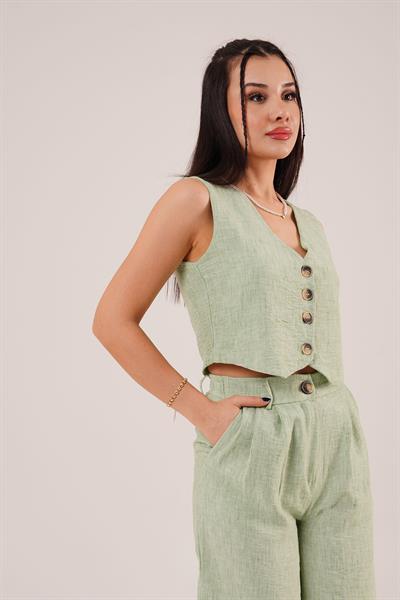 Keten Yelek Pantolon Mint İkili Takım	